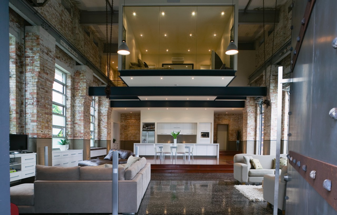 A view of the entire living, kitchen and architecture, ceiling, interior design, living room, lobby, loft, gray, black