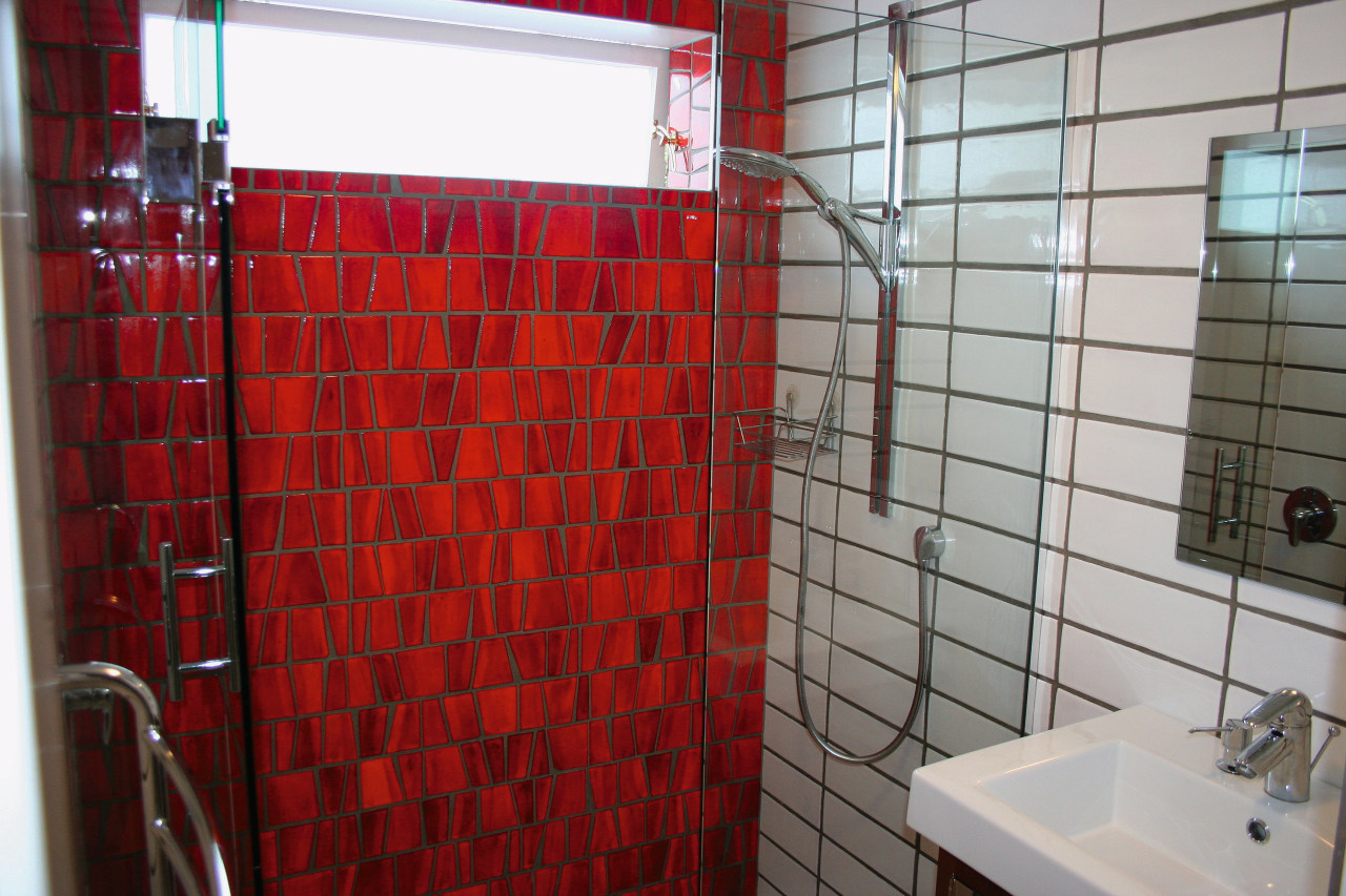 A view of some tiles from The Middle bathroom, flooring, interior design, property, room, tile, red, gray