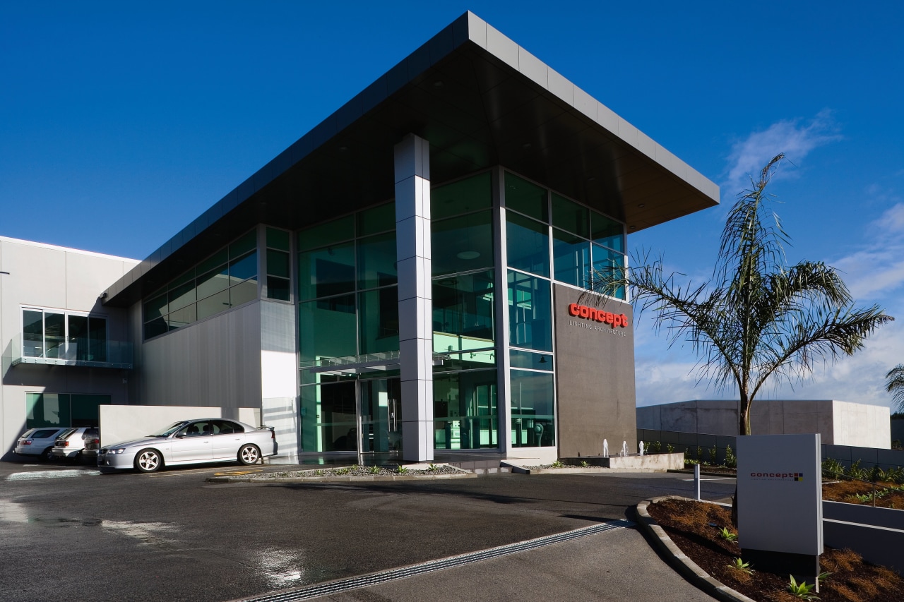 A view of the Concept Lighting showroom. architecture, building, commercial building, corporate headquarters, facade, mixed use, real estate, sky, black, blue