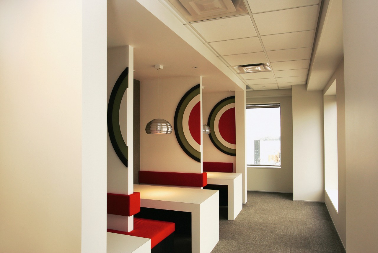 Mini breakout areas in office with graphic bulls-eye ceiling, interior design, lobby, white, orange