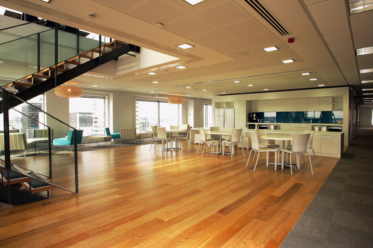 Large open office area with timber flooring, and ceiling, daylighting, floor, flooring, hardwood, interior design, laminate flooring, lobby, wood, wood flooring, brown, orange