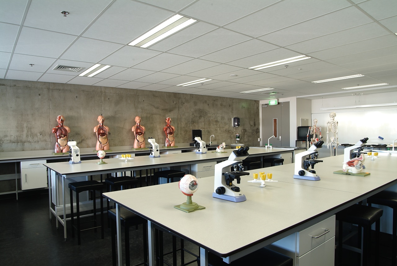 Laboratory room at Unitec. conference hall, institution, interior design, office, table, gray