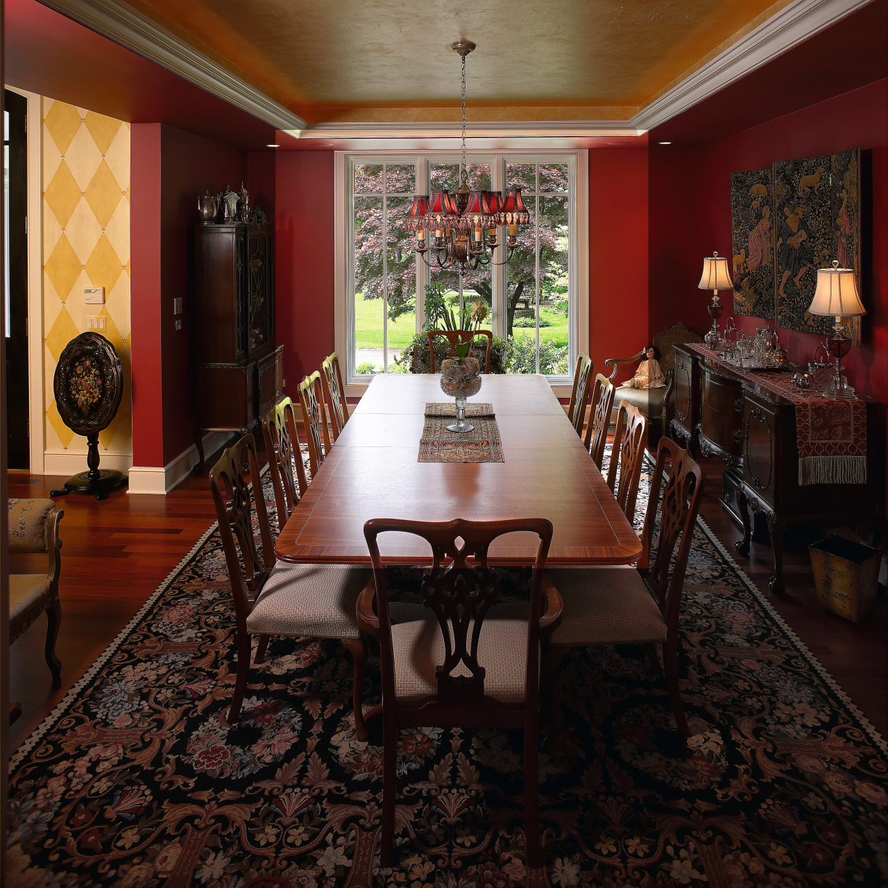 A view of the dining area, wooden flooring, ceiling, dining room, flooring, furniture, home, interior design, living room, room, table, wall, black