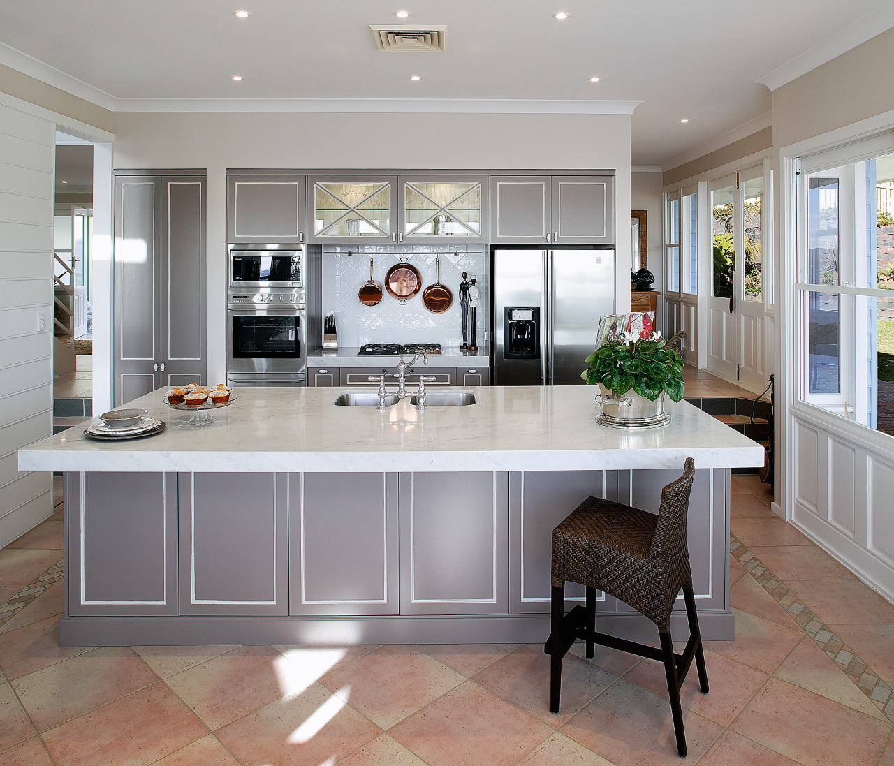 kitchen with large thick Carrara marble benchtop, and cabinetry, countertop, cuisine classique, floor, flooring, interior design, kitchen, room, gray