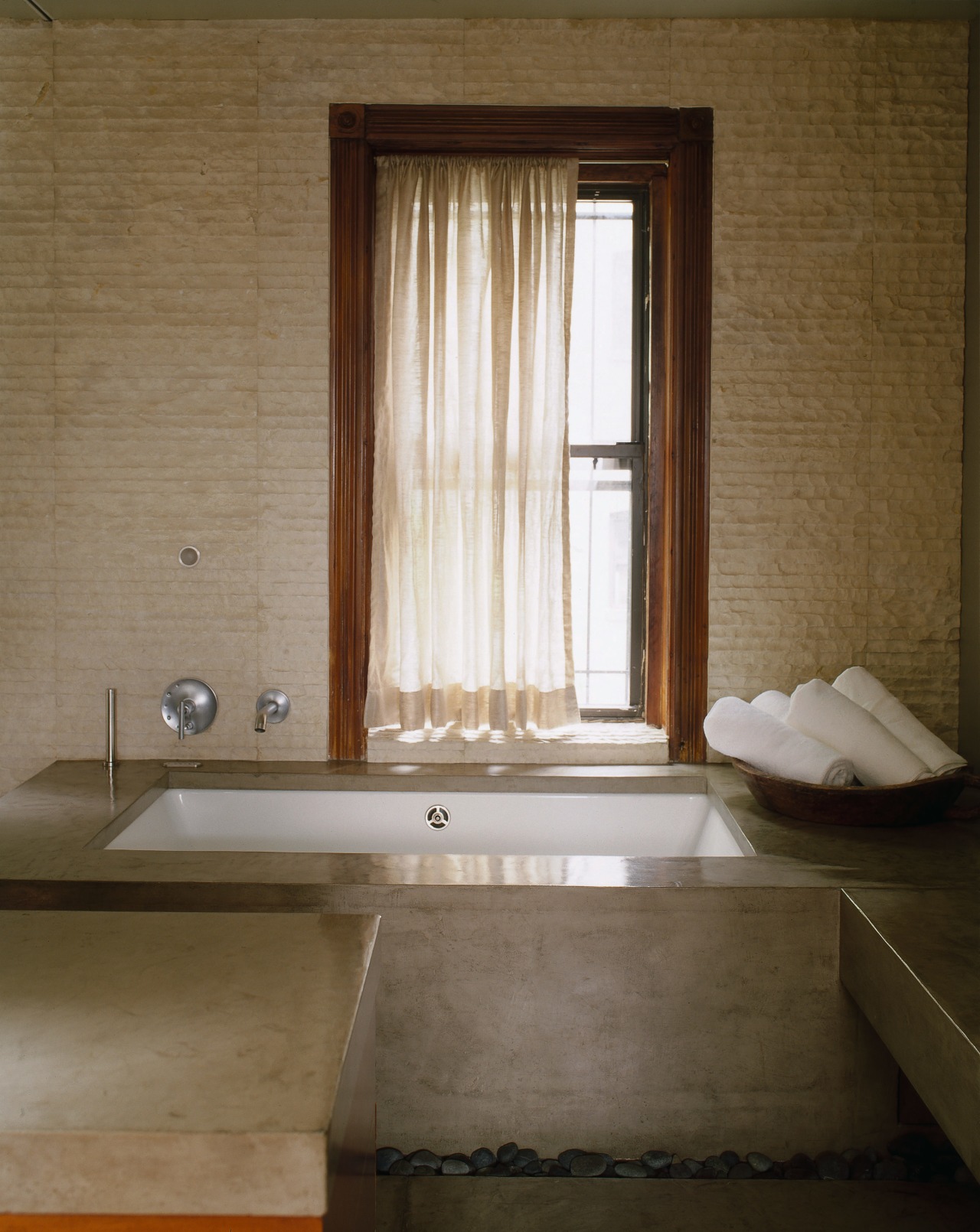 view of this bathroom featuring stained timber cabinetry architecture, bathroom, daylighting, floor, flooring, home, house, interior design, room, tile, wall, window, wood, brown
