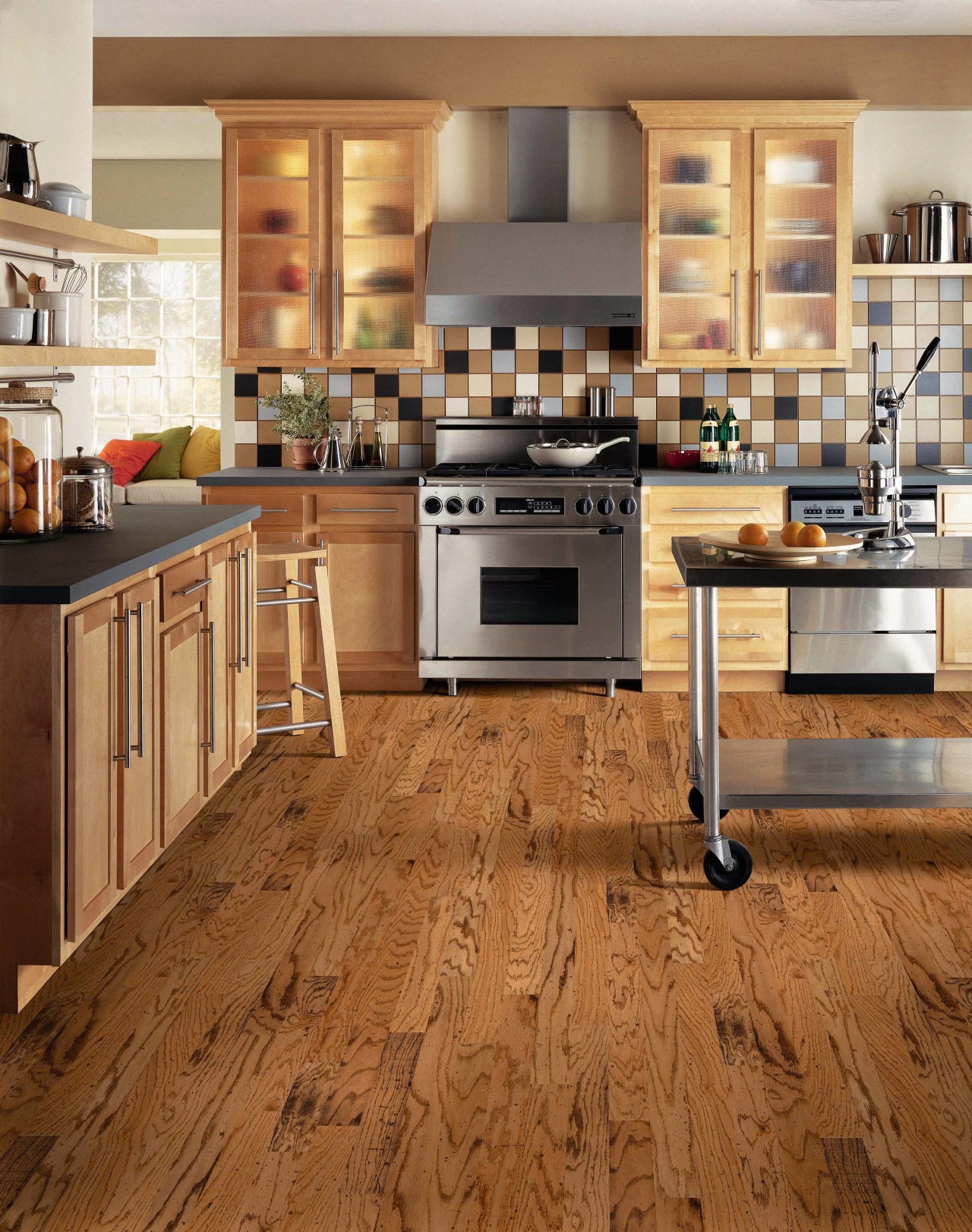 A view of some wooden flooring by Armstrong. cabinetry, countertop, cuisine classique, floor, flooring, hardwood, interior design, kitchen, laminate flooring, tile, wood, wood flooring, brown