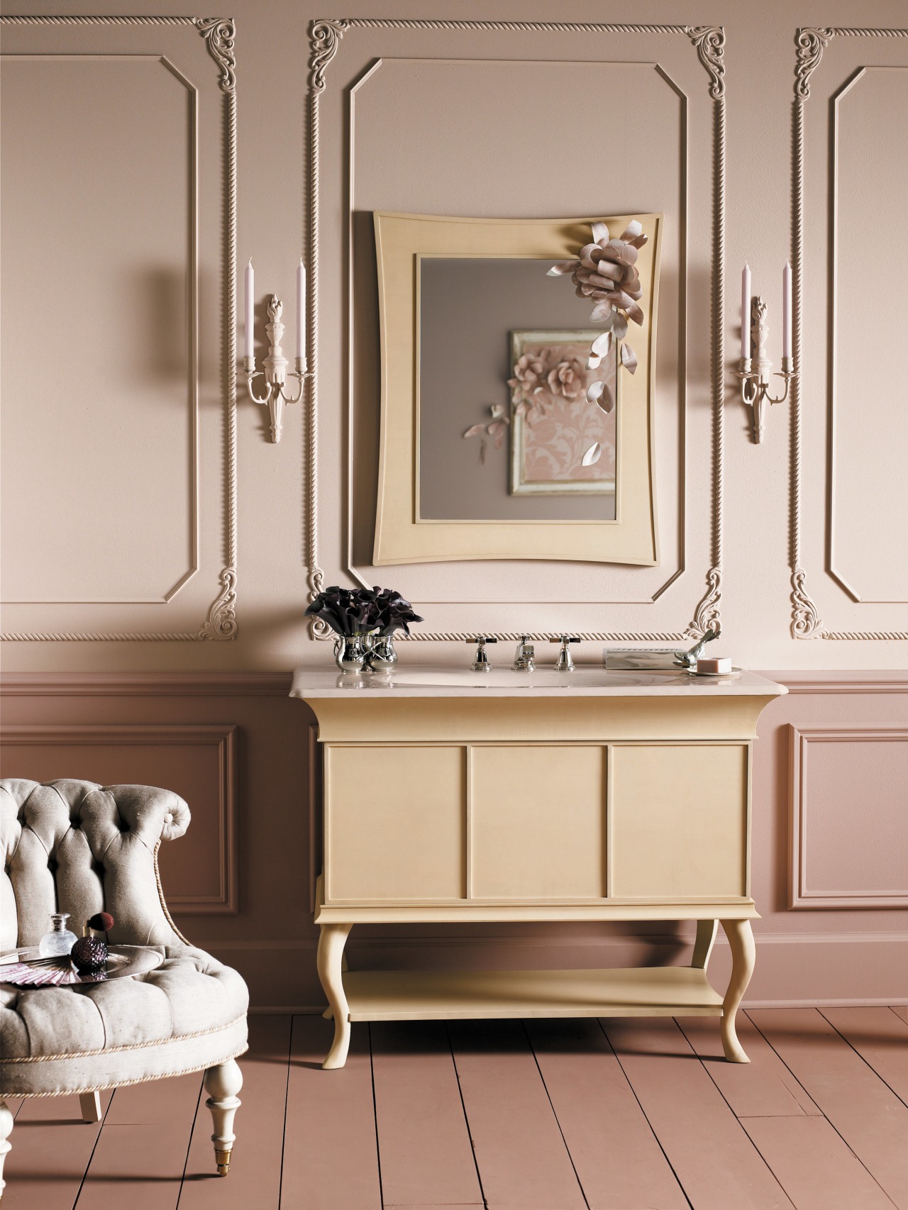 A view of a vanity by Kohler bathroom, bathroom accessory, bathroom cabinet, cabinetry, chest of drawers, floor, furniture, home, interior design, room, sink, gray