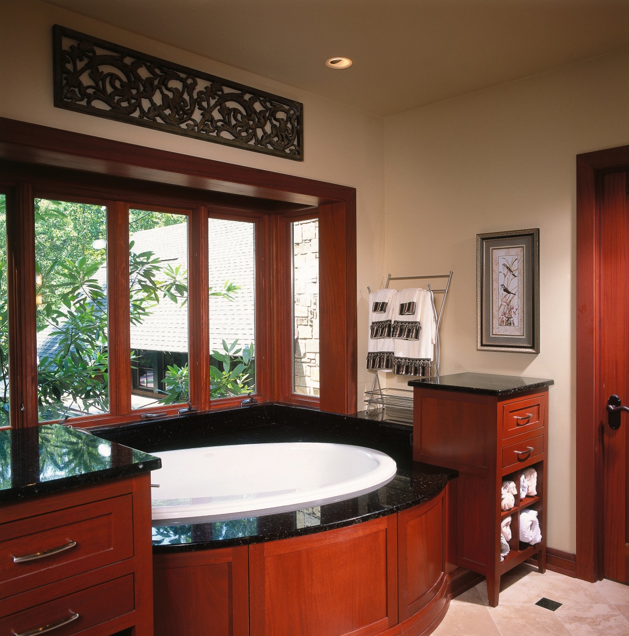 view of the bathroom featuring travertine and granite bathroom, cabinetry, countertop, estate, home, interior design, kitchen, real estate, room, window, red, brown