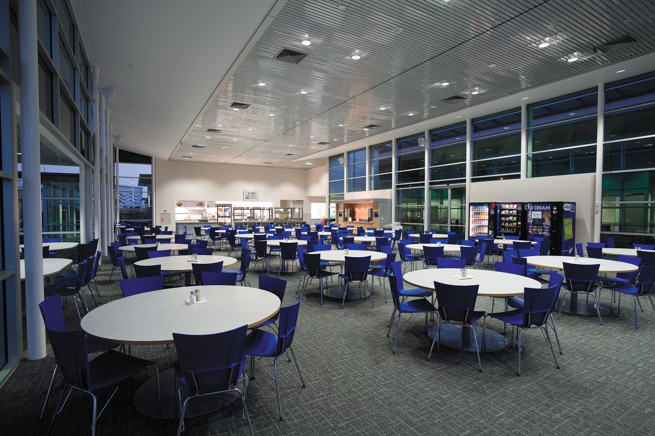 A view of the staff cafeteria. institution, interior design, restaurant, gray, black