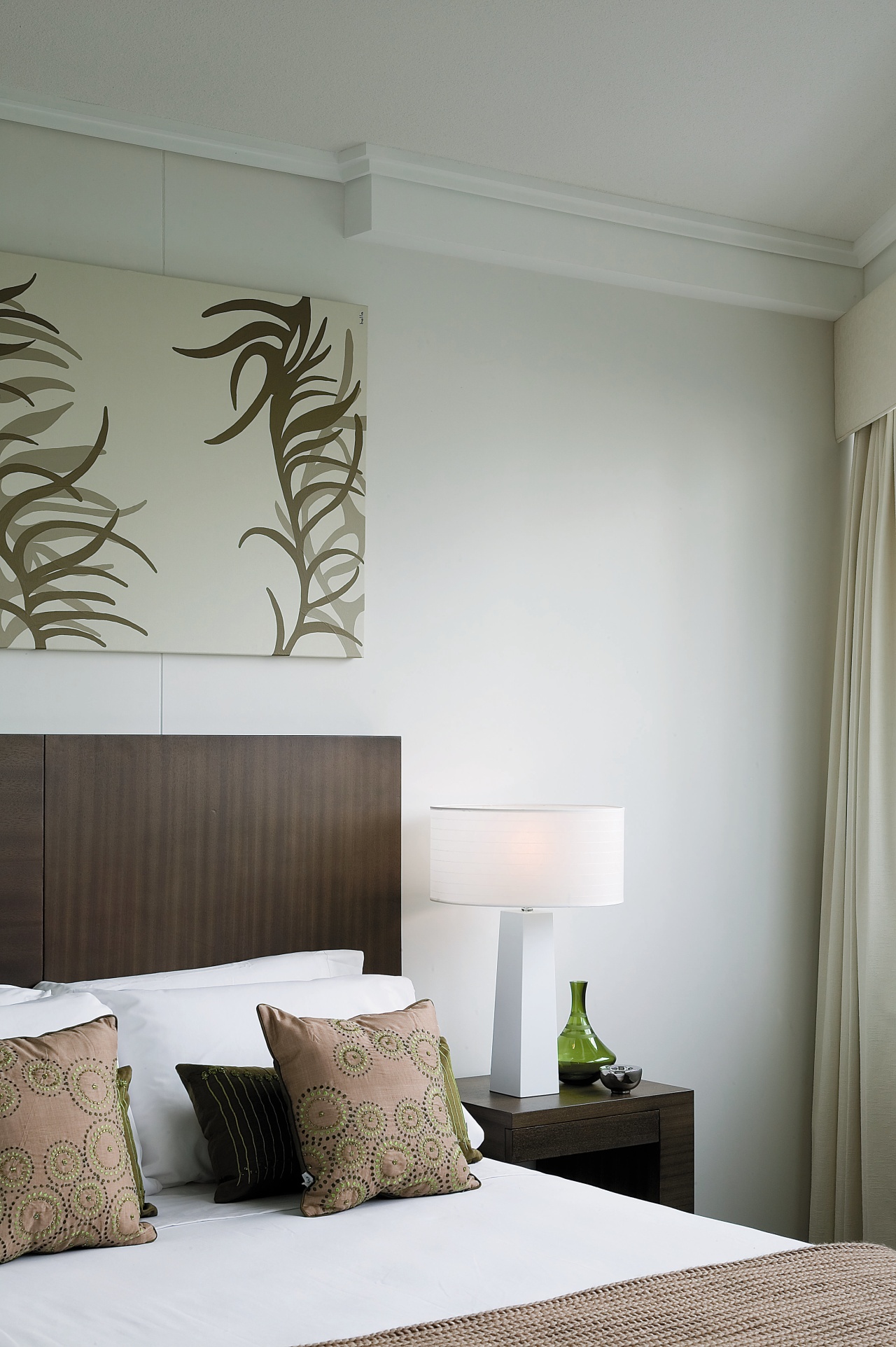 view of the Master bedroom in this apartment bed frame, bedroom, ceiling, home, house, interior design, living room, room, wall, window, window covering, wood, gray