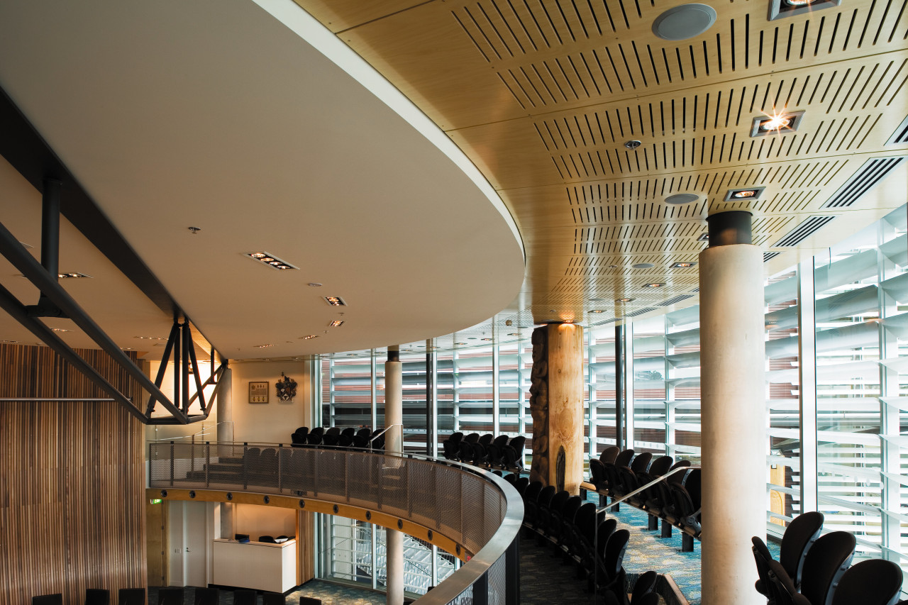 A view of the wooden plywood used in architecture, ceiling, daylighting, interior design, lobby, brown