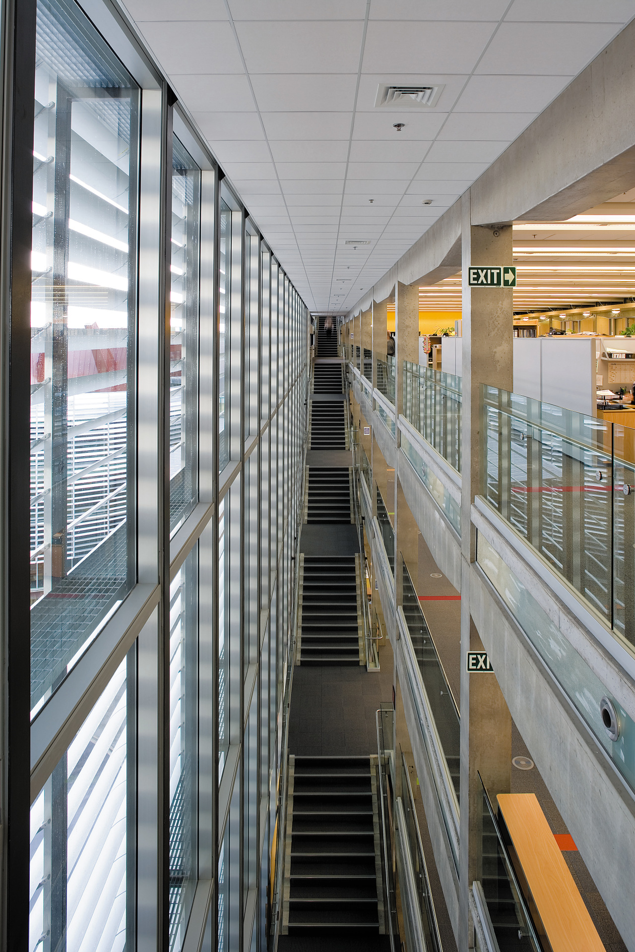 A interior view of the Waitakere Civic Centre. architecture, building, daylighting, glass, metropolitan area, gray