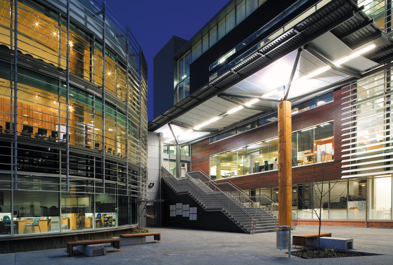 An exterior view of the Waitakere Civic Centre. architecture, building, commercial building, convention center, corporate headquarters, facade, headquarters, metropolis, metropolitan area, mixed use, structure, black