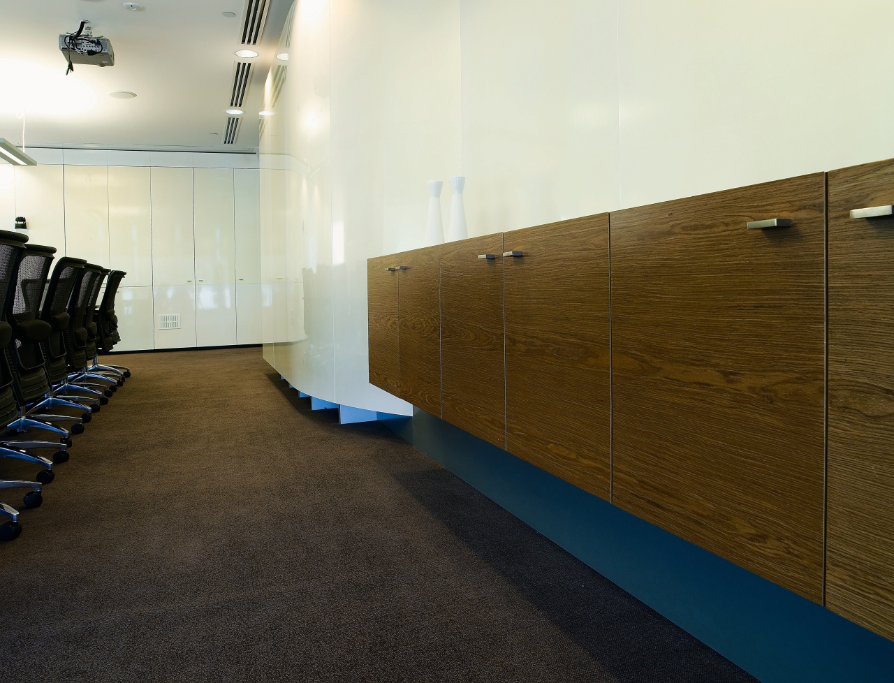 view of the wall mounted timber veneer cabinetry architecture, floor, flooring, furniture, interior design, room, tile, wall, wood, brown, white