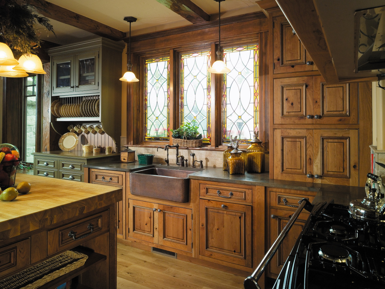 A view of the kitchen, wooden flooring and cabinetry, countertop, cuisine classique, home, interior design, kitchen, room, window, wood, brown