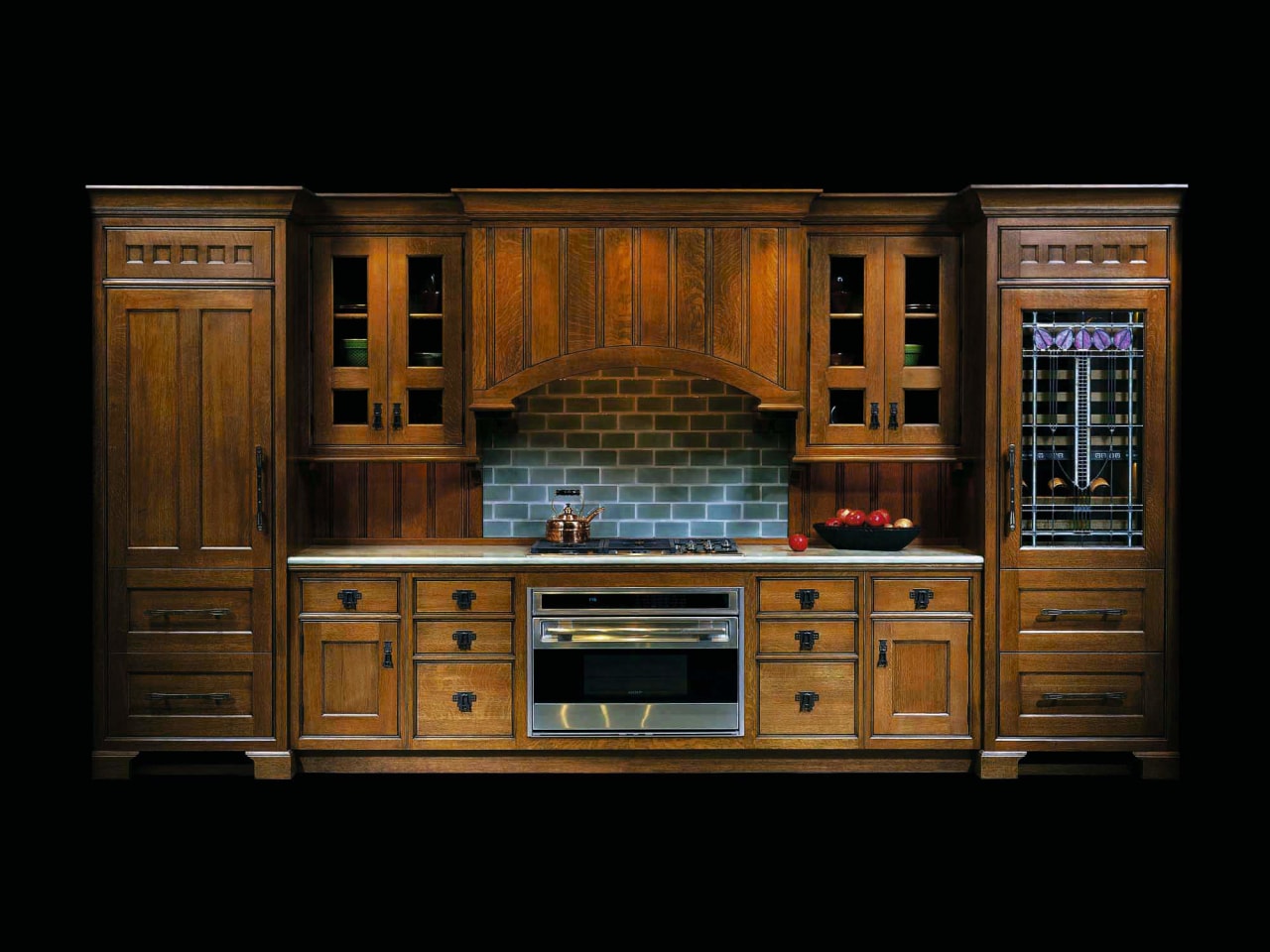 view of this kitchen featuring stained wood cabinetry, cabinetry, cupboard, furniture, hardwood, kitchen, wood, wood stain, black, brown