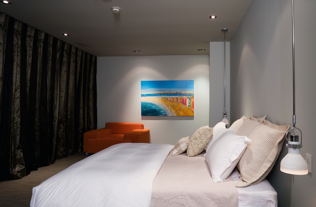 High end apartment.  Inner-city apartments. Bedroom architecture, bed, bed frame, bedroom, ceiling, home, interior design, property, real estate, room, suite, wall, gray, black