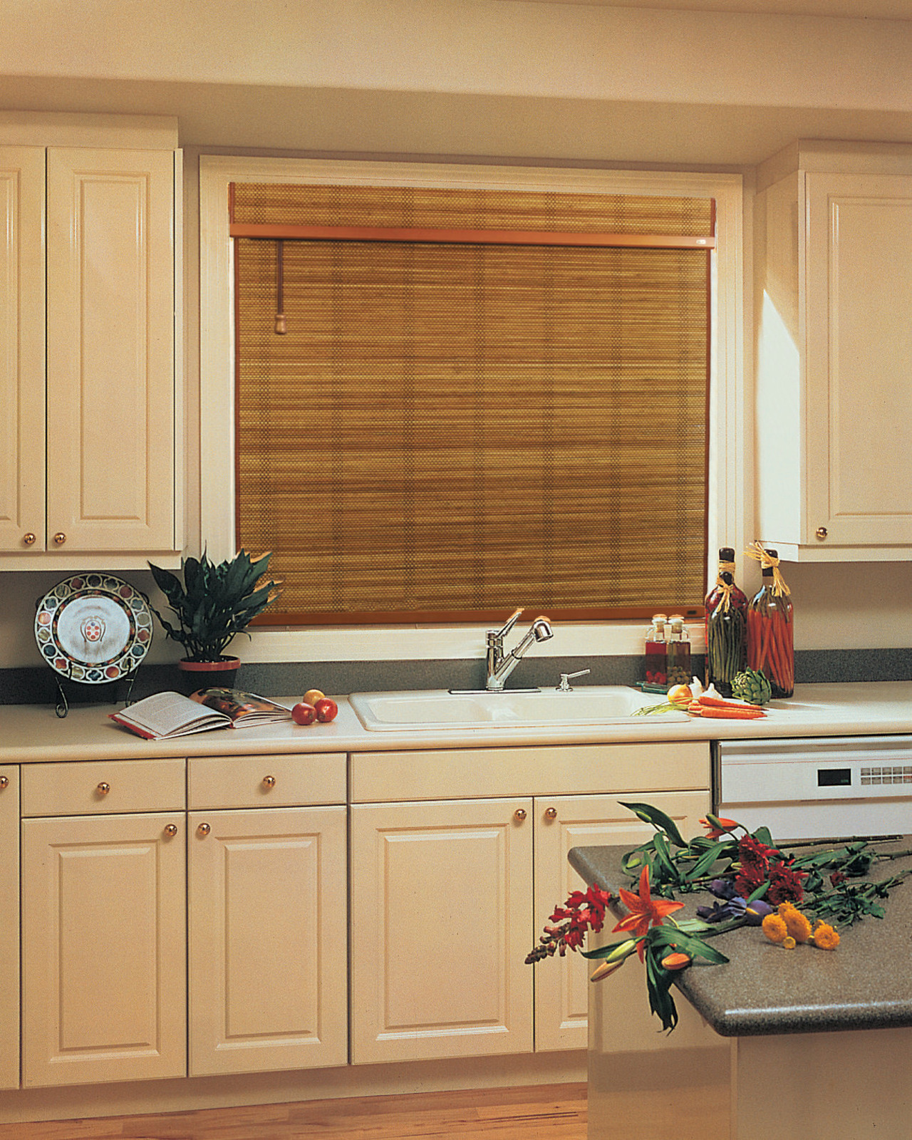 A view of some kitchen blinds from NZ cabinetry, countertop, furniture, hardwood, home, interior design, kitchen, room, under cabinet lighting, window, window blind, window covering, window treatment, wood, wood stain, orange, brown