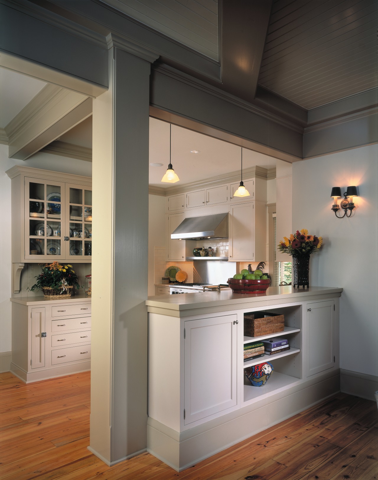 view of this colonial kitchen featuring timber lainate cabinetry, ceiling, countertop, cuisine classique, home appliance, interior design, kitchen, room, gray, black