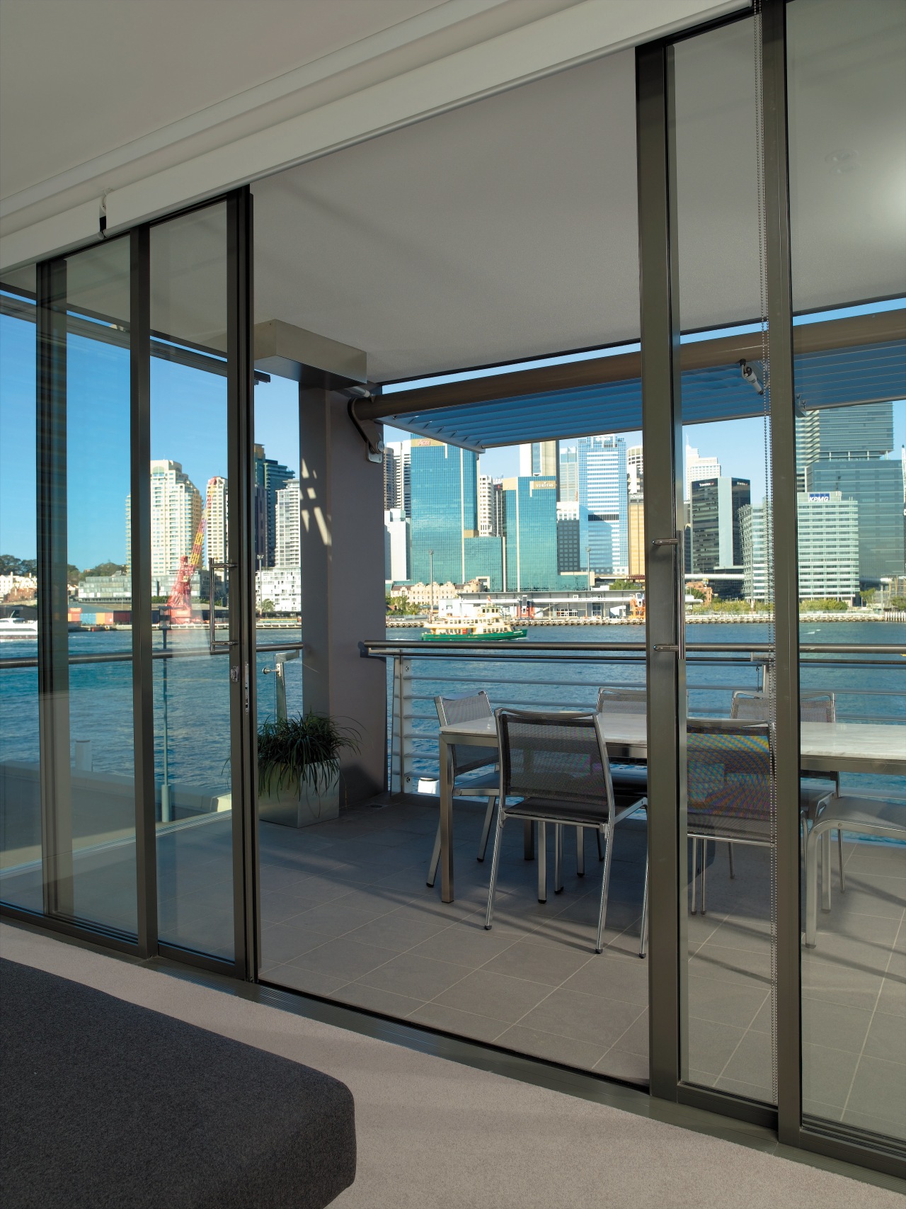 view of the interiorof this saunders wharf apartment architecture, door, glass, interior design, real estate, shade, window, gray, black