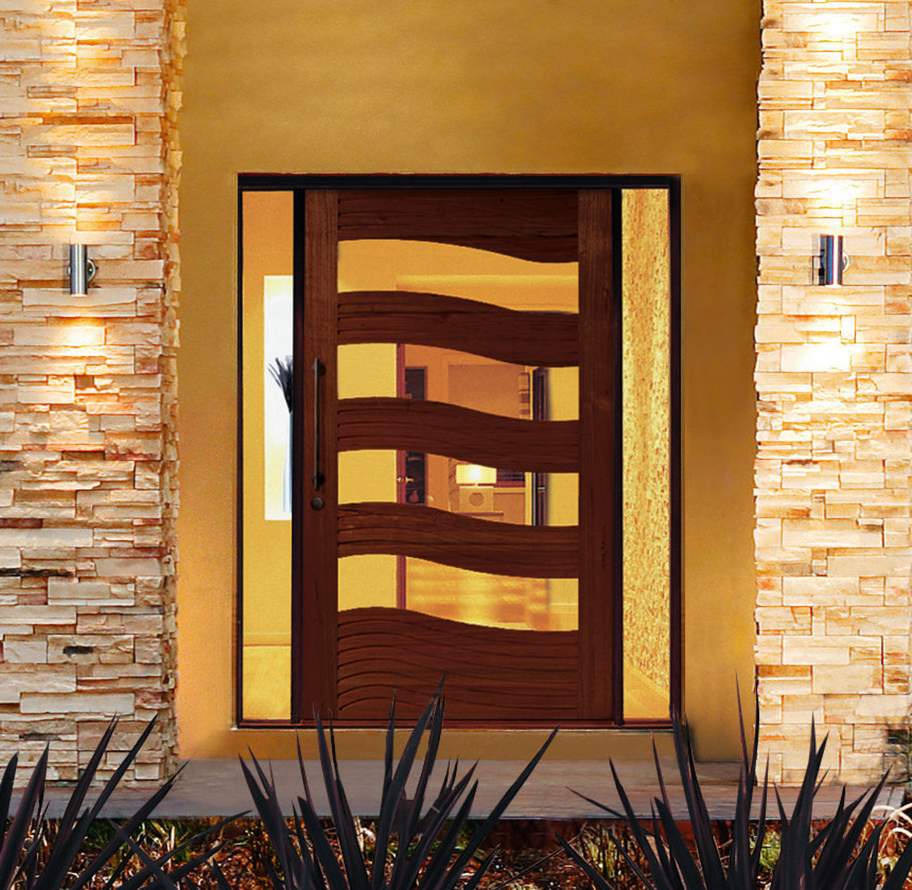 Entranceway of home showing extra wide timber and door, hardwood, lighting, wall, window, wood, wood stain, orange