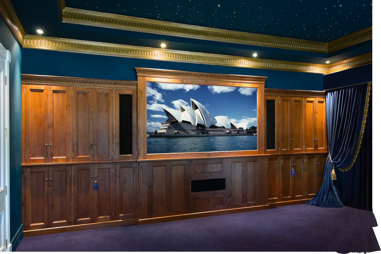 View of cabinetry by Scullery &amp; Holz ceiling, entertainment, furniture, home, interior design, projection screen, room, theatre