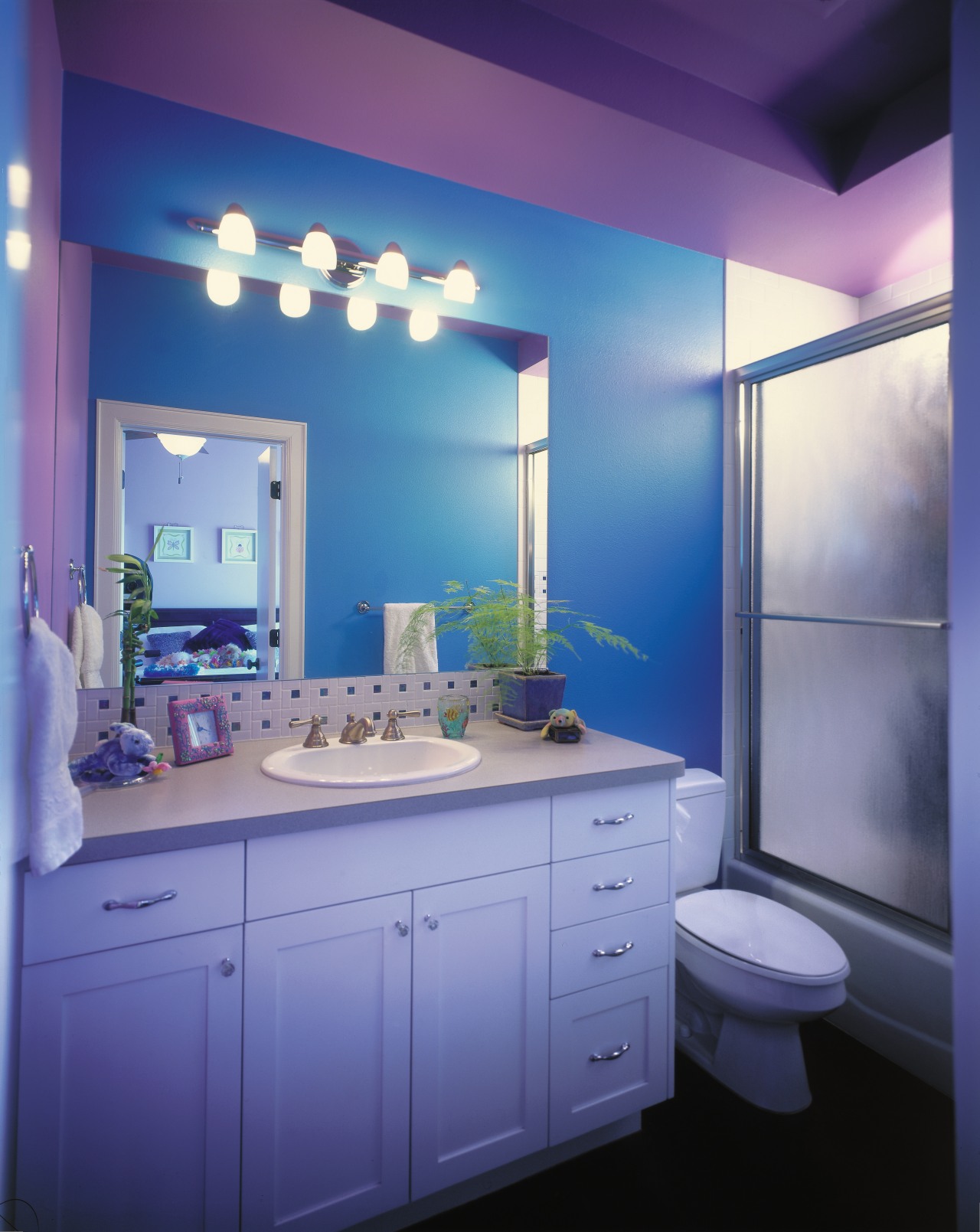 A view of a bathroom designed by CG&amp;S bathroom, blue, ceiling, home, interior design, lighting, purple, room, blue