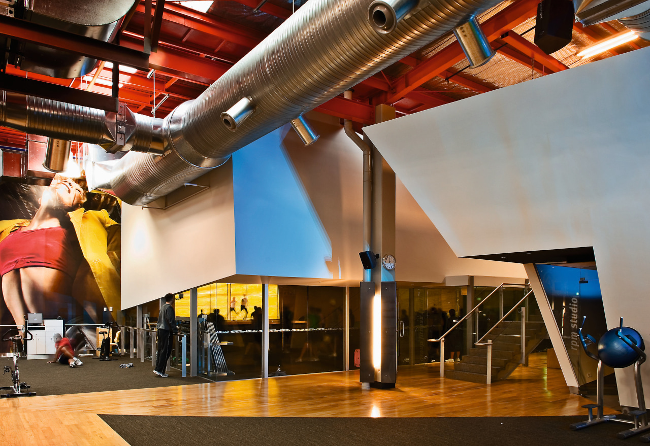 A view of the Les Mills gym. interior design, structure, brown