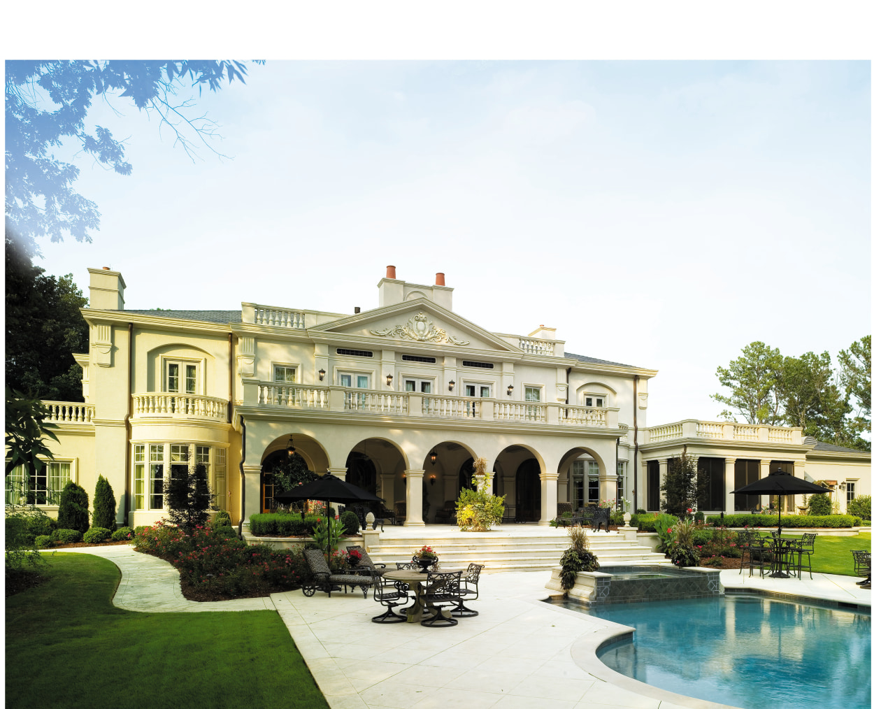 The loggia provides a shaded place for the estate, hacienda, historic house, home, house, landscaping, mansion, official residence, property, real estate, villa, white