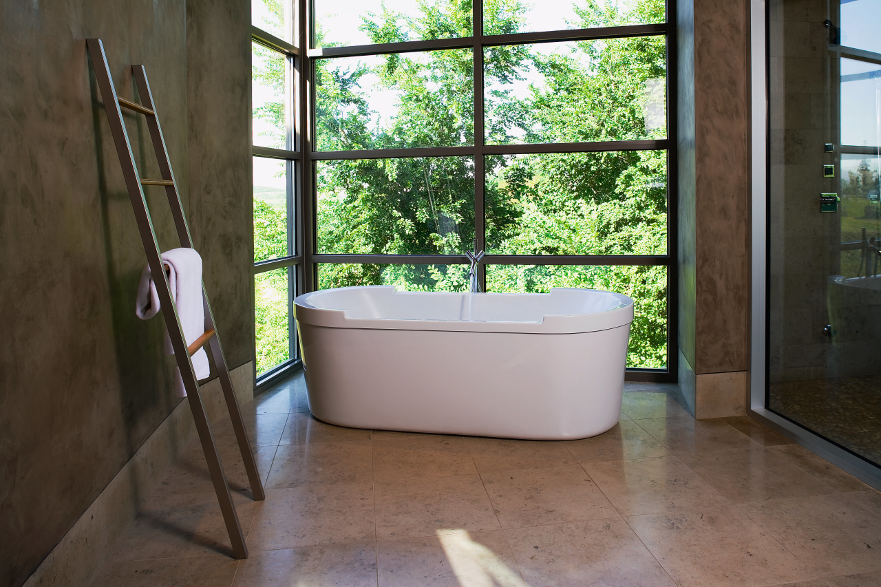 A view of the bathroom, tiled floor, brown bathroom, bathtub, estate, floor, flooring, home, house, property, real estate, room, window, black