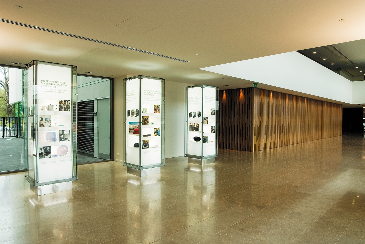 A view of the AirNZ building. architecture, ceiling, floor, flooring, glass, interior design, lobby, brown, white