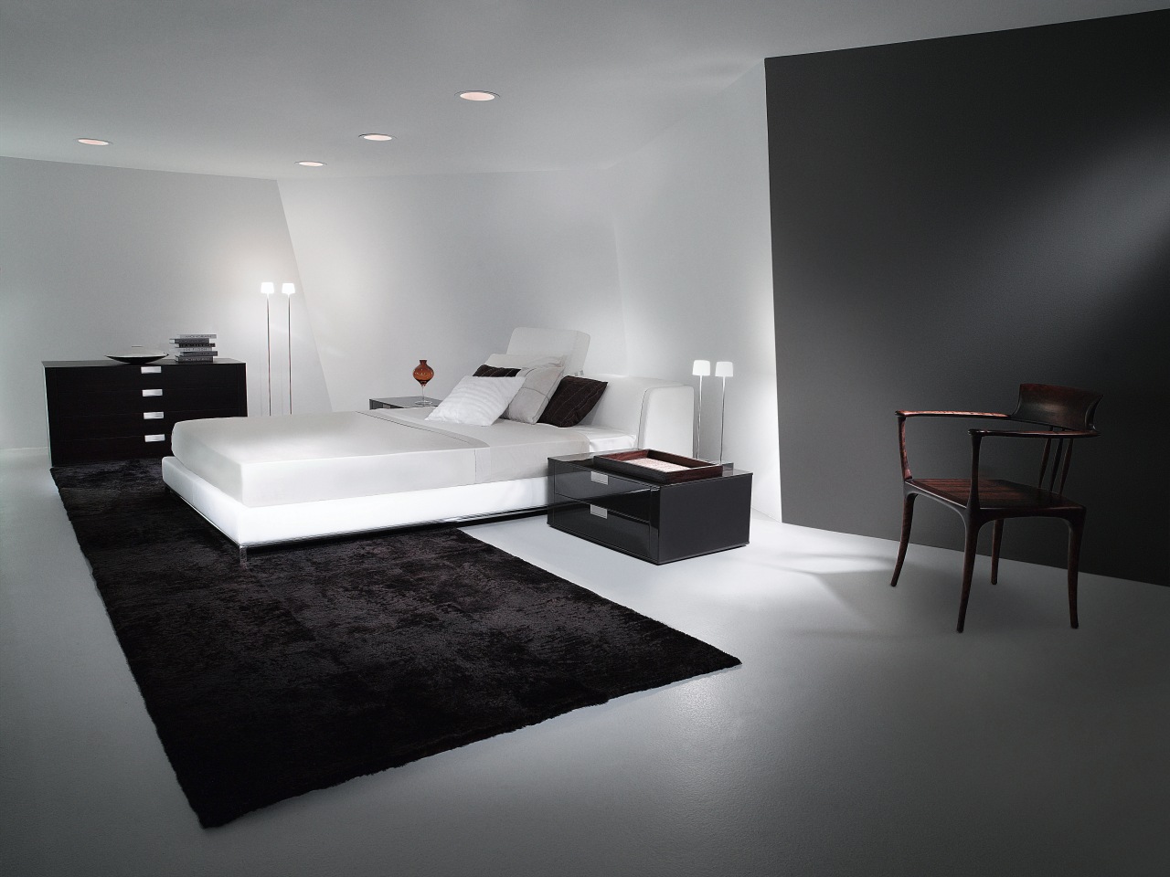 Bedroom with white bed and bedding, black rug, architecture, bed, bed frame, bedroom, black and white, floor, furniture, interior design, product design, room, table, wall, gray, black