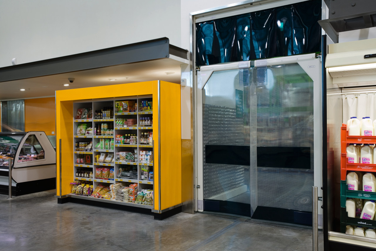 view of the top hung gravity flap doors retail, shelving, gray, black