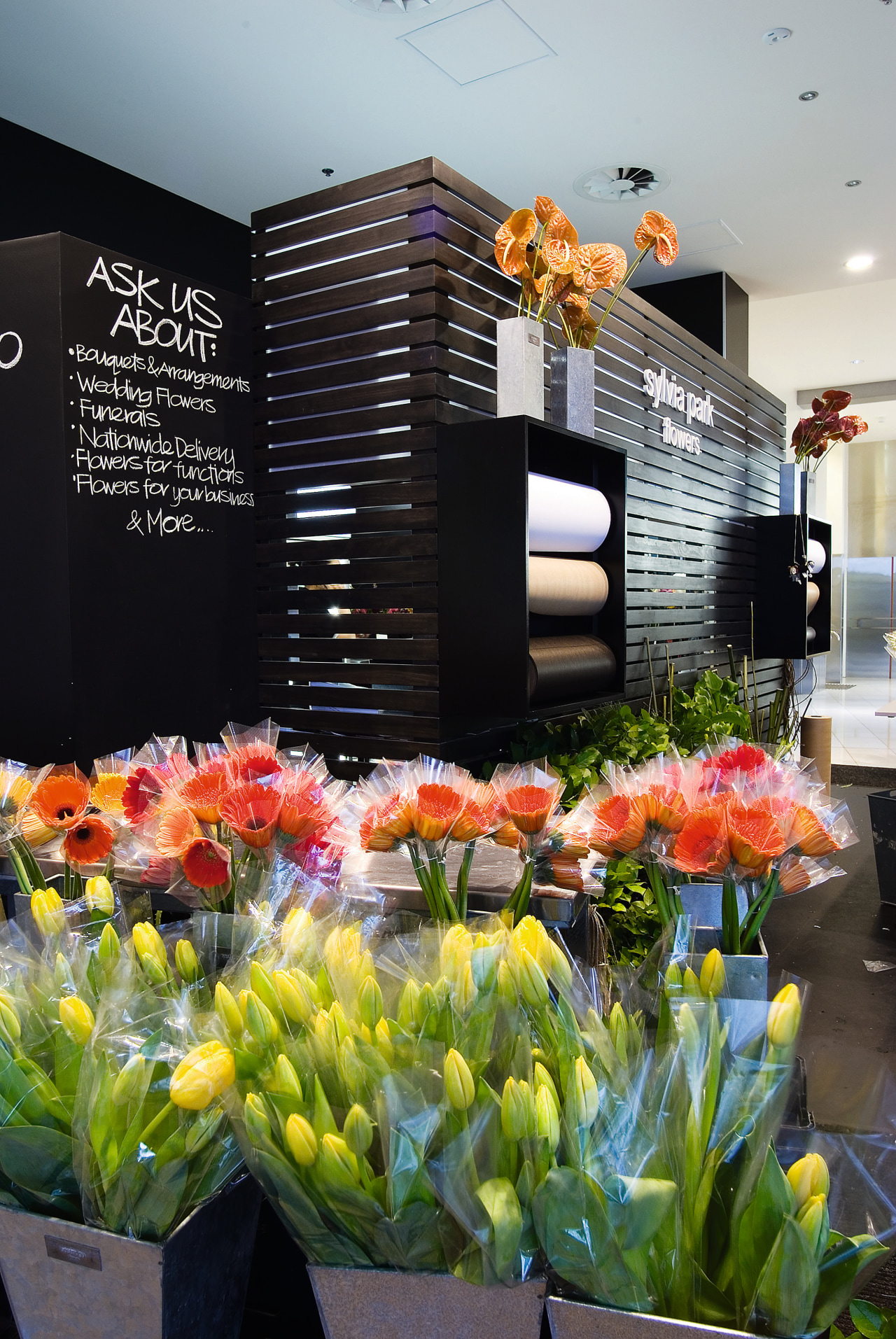 A view of a shop fitout by Espie floral design, floristry, flower, flower arranging, flowering plant, plant, spring, black, gray