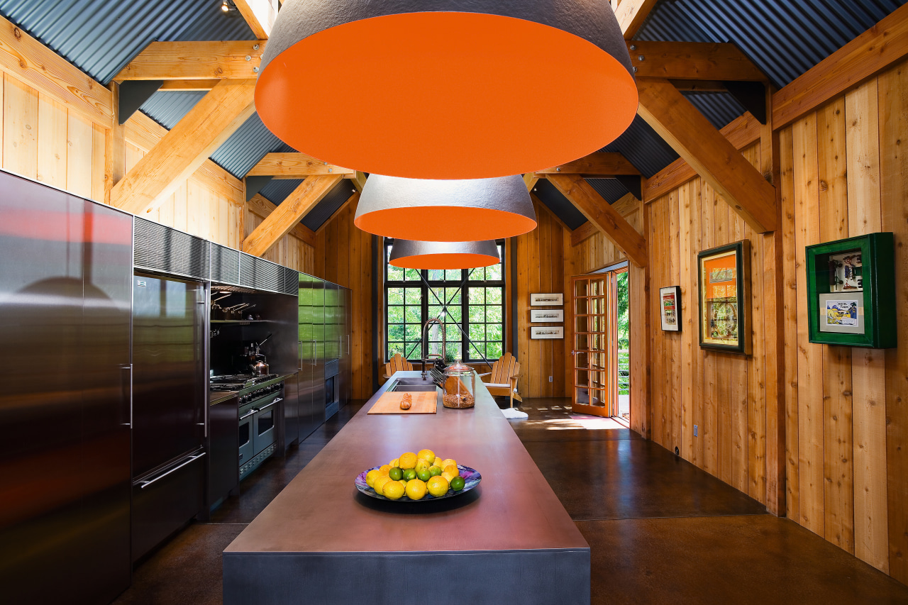 A view of this contemporary kitchen featuring polished architecture, ceiling, house, interior design, real estate, room, brown