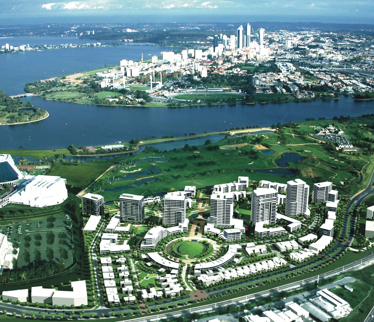 Aerial view of the apartment development perth aerial photography, artificial island, bird's eye view, city, marina, metropolis, metropolitan area, suburb, urban area, urban design, water, water resources, waterway, teal, green