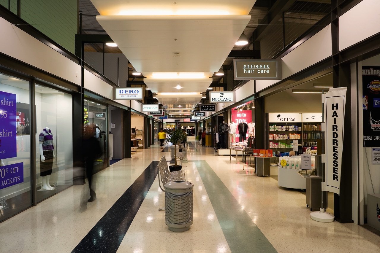 A view of The Base. interior design, retail, shopping, shopping mall, black, gray