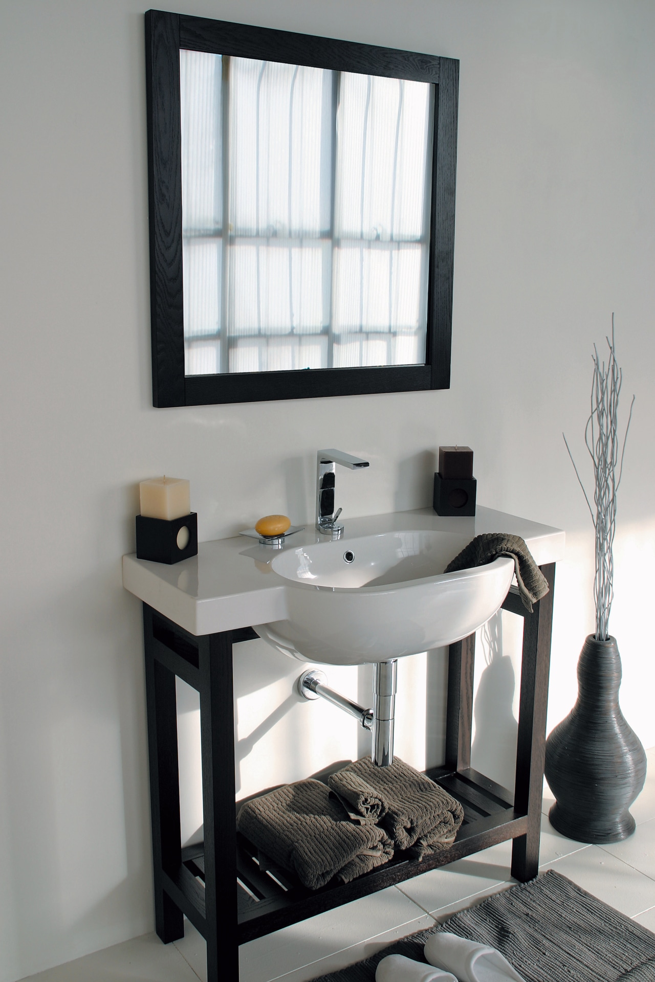 view of this bathroom featuring lacava bathroom furnishings bathroom, bathroom accessory, furniture, interior design, plumbing fixture, product design, sink, table, tap, gray
