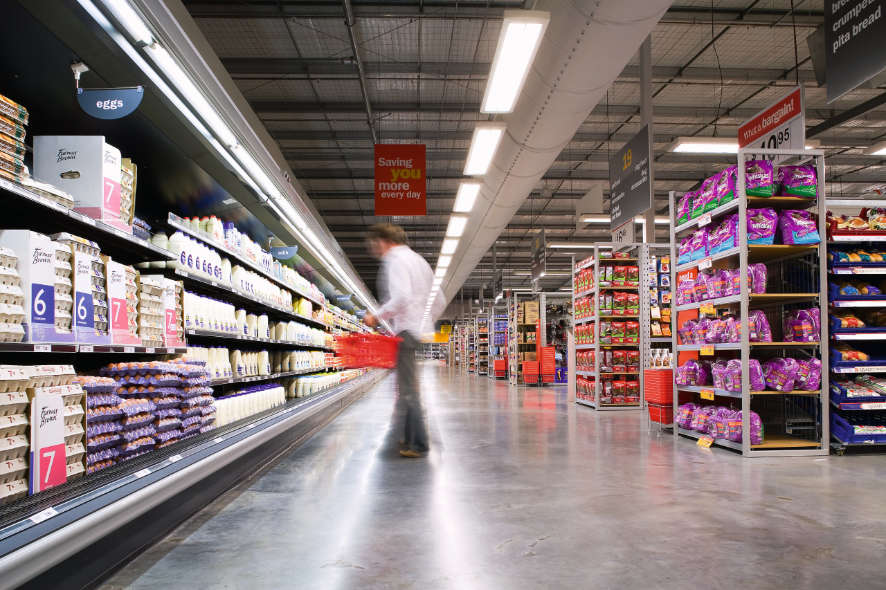 A view of some construction work by Naylor aisle, grocery store, inventory, product, retail, supermarket, gray, black