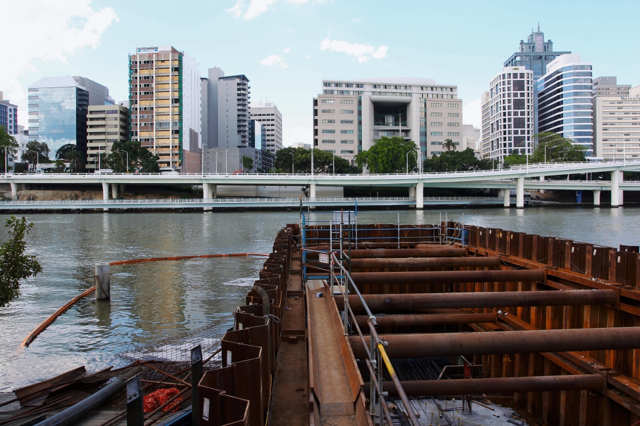 A view of the Milenium Arts Project. body of water, bridge, building, city, cityscape, condominium, dock, downtown, metropolis, metropolitan area, reflection, river, sky, skyline, skyscraper, tower block, urban area, water, waterway, black, white