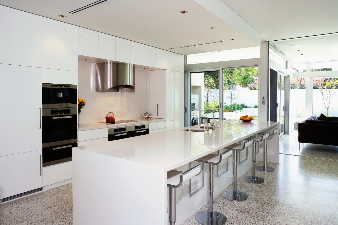 View of this kitchen featuring polished concrete flooring, countertop, interior design, kitchen, real estate, white, gray