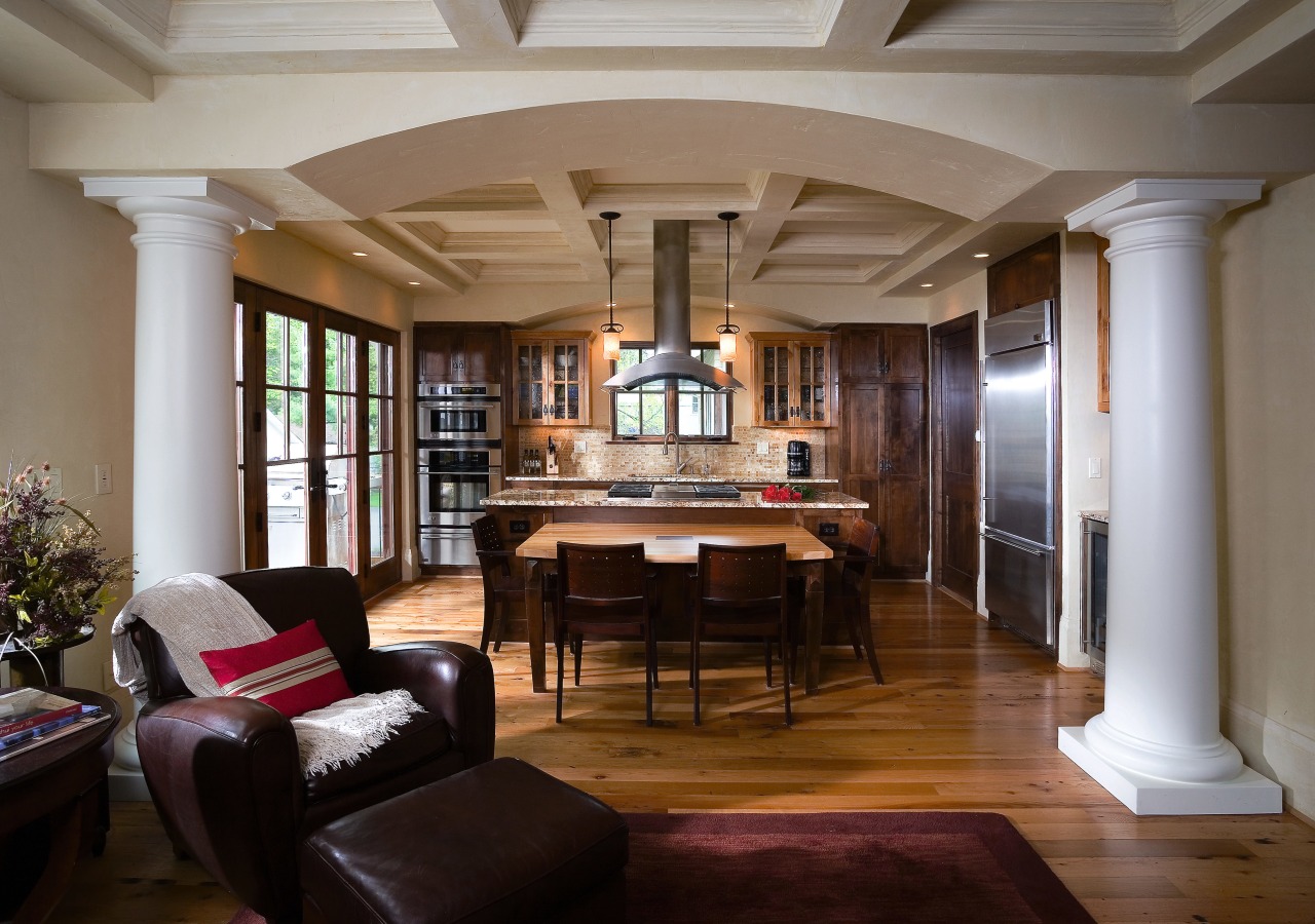 A view of the kitchen feauting recalimed timber ceiling, column, furniture, interior design, living room, lobby, room, brown, gray