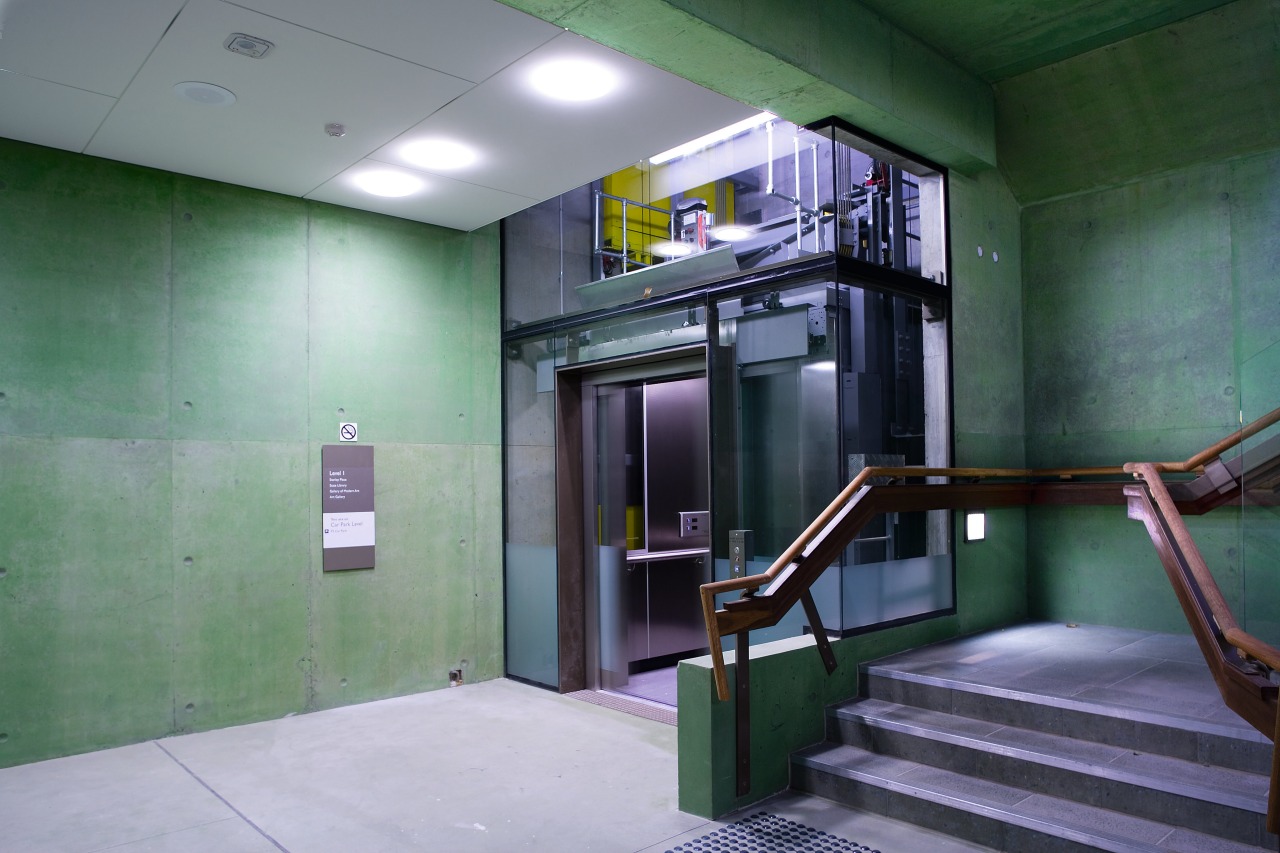 A view of a lift from Liftronic. architecture, gray, green