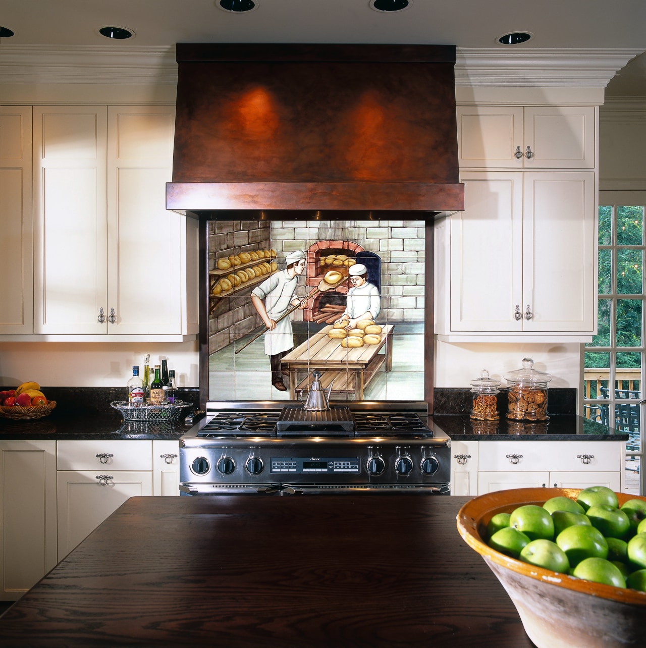 Kitchen with cream cabinetry and large tile mural cabinetry, countertop, home, home appliance, interior design, kitchen, room, window, black, white