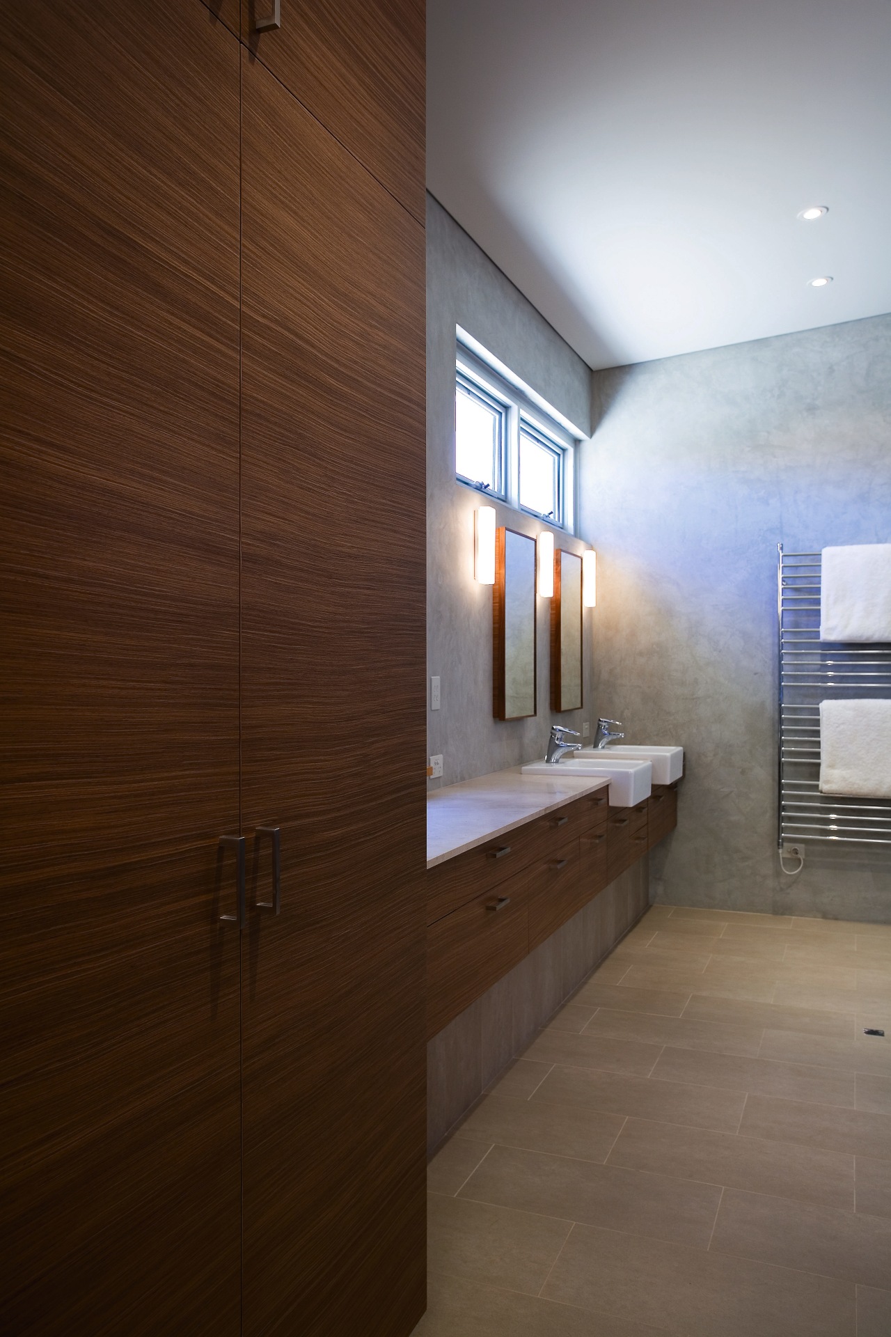 A view of the bathrom featuring frameless glass architecture, bathroom, ceiling, daylighting, floor, flooring, hardwood, home, house, interior design, real estate, room, tile, wall, wood, wood flooring, brown, gray