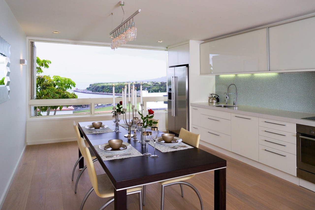 A view of the kitchen and dining areas, countertop, cuisine classique, house, interior design, kitchen, real estate, room, window, gray