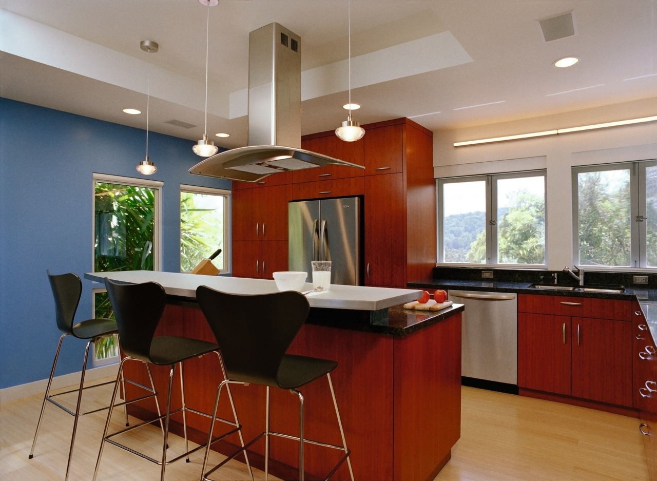 A view of this contemporary kitchn featuring gherry cabinetry, ceiling, countertop, flooring, interior design, kitchen, real estate, room, gray