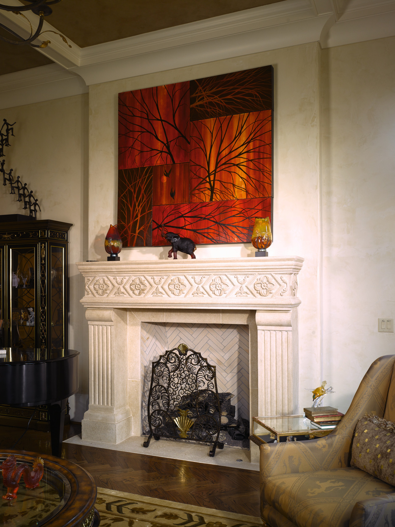 View of custom designed Scagliola stone   ceiling, fireplace, hearth, home, interior design, living room, room, wall, window, brown