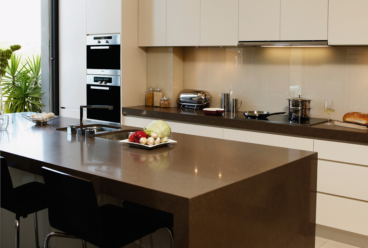 View of this modern kitchen designed by DK countertop, interior design, kitchen, brown, gray