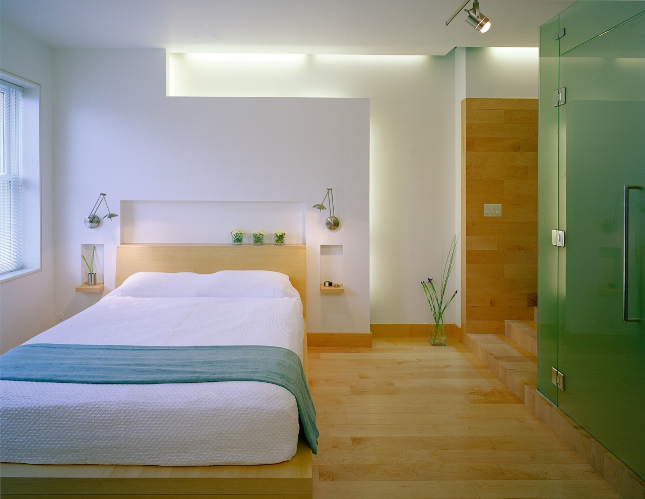 A view of the bedroom and bathroom areas, architecture, bed, bed frame, bedroom, ceiling, daylighting, floor, furniture, home, house, interior design, real estate, room, suite, wall, wood, gray, brown